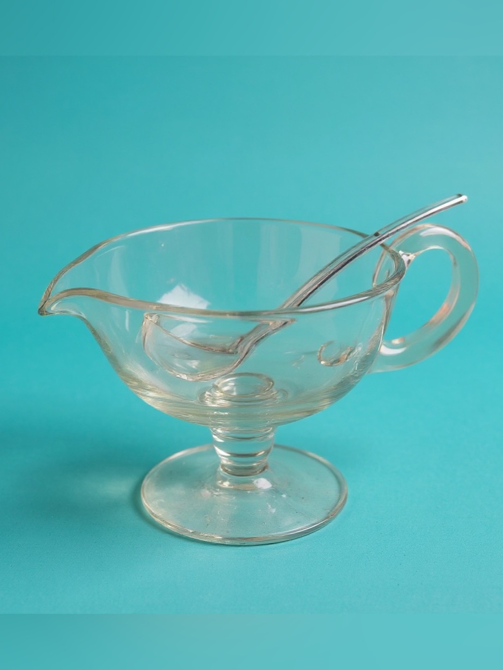 Vintage Clear Glass Pedestal Gravy Boat Set with Glass Ladle